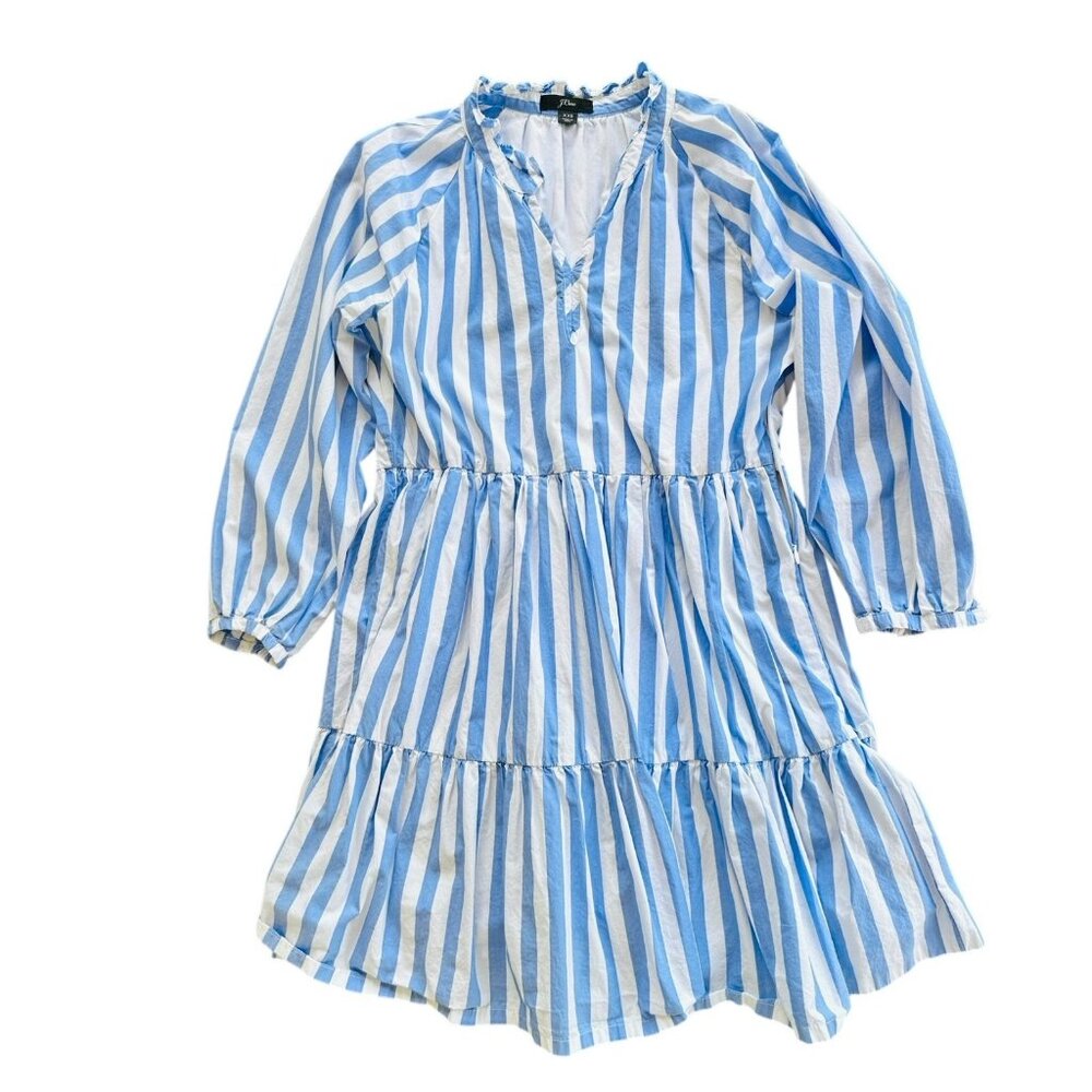 J.Crew Popover Dress Women XXS Blue White Striped Tiered Poplin Long Sleeve Line